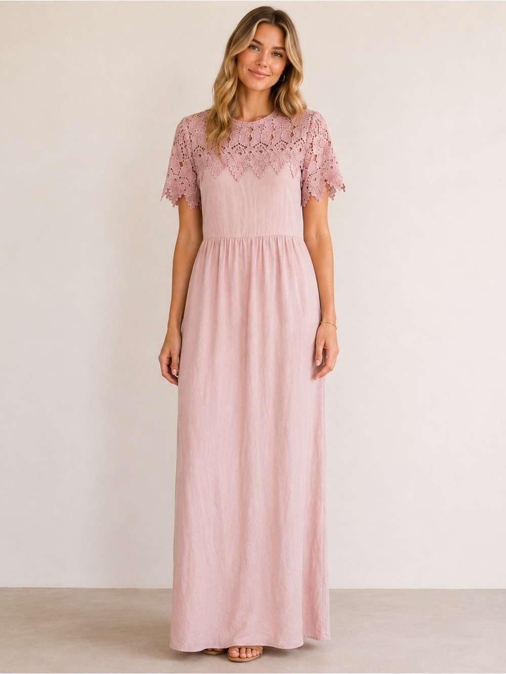 Roolee Maxi Dress‎ M Dusty Pink Crocheted Lace Short Sleeve Wedding Bridesmaid